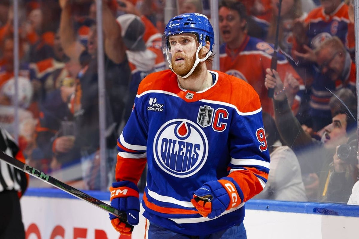 Jun 14, 2025; Edmonton, Alberta, CAN; Edmonton Oilers center Connor McDavid (97) celebrates scoring during the third period against the Florida Panthers in game five of the 2025 Stanley Cup Final at Rogers Place. Mandatory Credit: Perry Nelson-Imagn Images