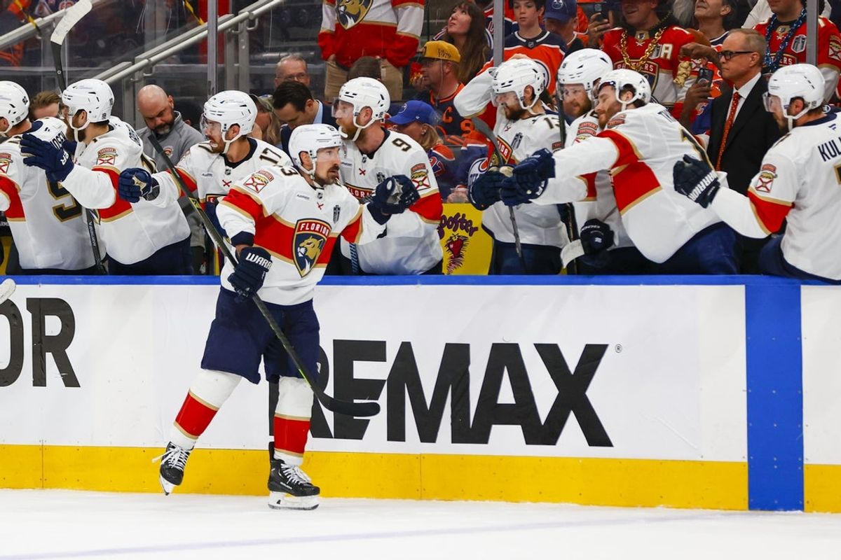 Jun 14, 2025; Edmonton, Alberta, CAN; Florida Panthers forward Brad Marchand (63) celebrates scoring during the third period against the Edmonton Oilers in game five of the 2025 Stanley Cup Final at Rogers Place. Mandatory Credit: Perry Nelson-Imagn Images