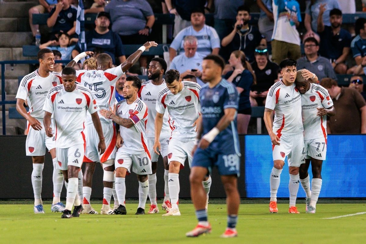Jun 14, 2025; Kansas City, Kansas, USA; FC Dallas celebrates after a goal by FC Dallas midfielder Luciano Acosta (10) during the second half against the Sporting Kansas City at Children's Mercy Park. Mandatory Credit: William Purnell-Imagn Images