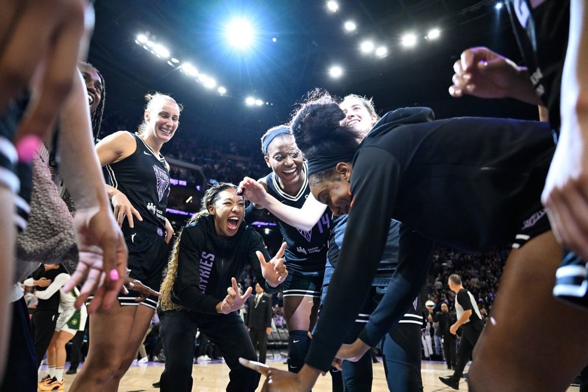 Jun 14, 2025; San Francisco, California, USA; The Golden State Valkyries celebrate their win over the Seattle Storm at Chase Center. Mandatory Credit: Eakin Howard-Imagn Images