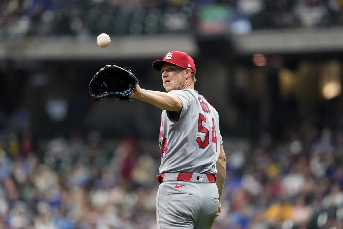 Jun 12, 2025; Milwaukee, Wisconsin, USA;  St. Louis Cardinals pitcher Sonny Gray (54) during the game against the Milwaukee Brewers at American Family Field. Mandatory Credit: Jeff Hanisch-Imagn Images