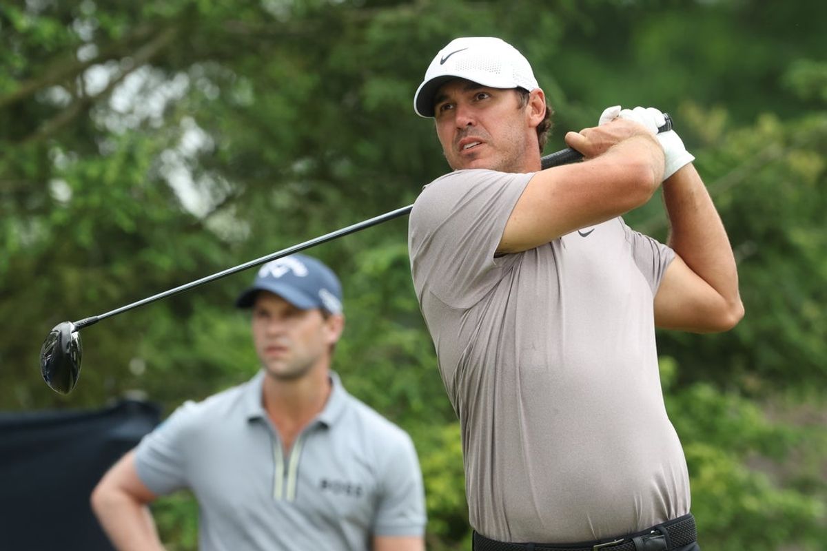 Jun 15, 2025; Oakmont, Pennsylvania, USA; Brooks Koepka plays his shot from the first tee during the final round of the U.S. Open golf tournament. Mandatory Credit: Charles LeClaire-Imagn Images