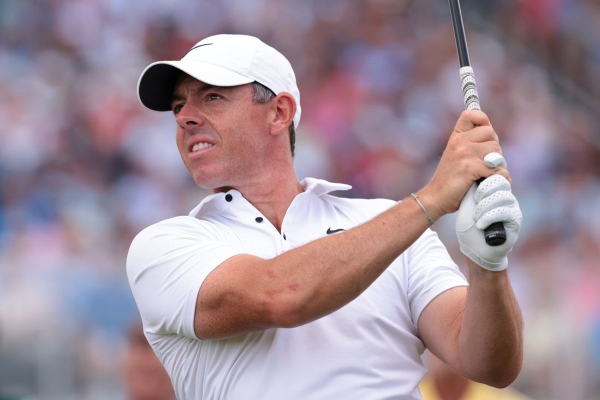 Jun 15, 2025; Oakmont, Pennsylvania, USA; Rory McIlroy plays his shot from the 12th tee during the final round of the U.S. Open golf tournament. Mandatory Credit: Bill Streicher-Imagn Images