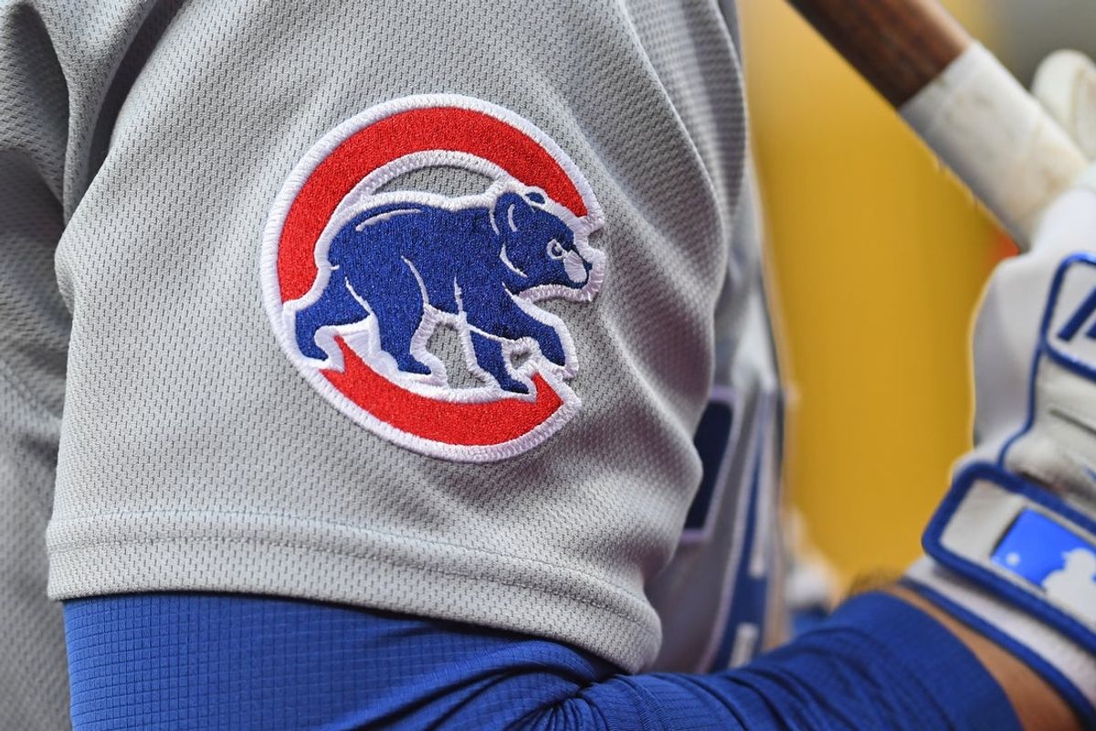 Jun 10, 2025; Philadelphia, Pennsylvania, USA; Chicago Cubs logo on the jersey of third base Matt Shaw (6) against the Philadelphia Phillies at Citizens Bank Park. Mandatory Credit: Eric Hartline-Imagn Images
