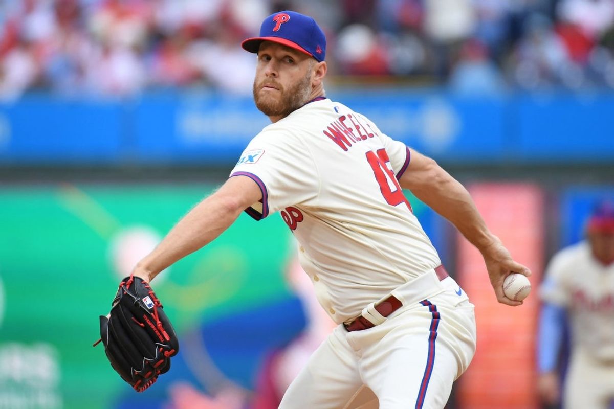Jun 15, 2025; Philadelphia, Pennsylvania, USA; Philadelphia Phillies pitcher Zack Wheeler (45) throws a pitch during the first inning against the Toronto Blue Jays at Citizens Bank Park. Mandatory Credit: Eric Hartline-Imagn Images