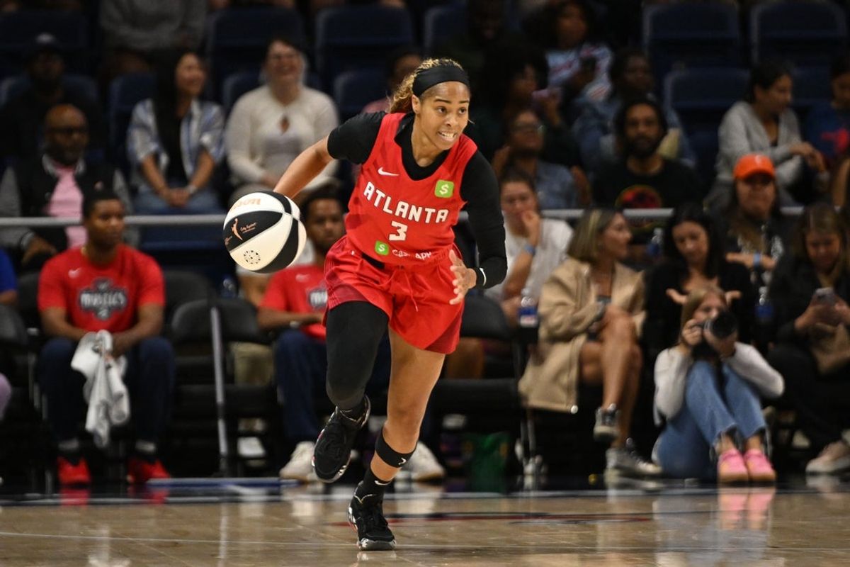 Jun 15, 2025; Washington, District of Columbia, USA; Atlanta Dream guard Jordin Canada (3) dribbles the ball during the first quarter against the Washington Mystics at CareFirst Arena. Mandatory Credit: Rafael Suanes-Imagn Images
