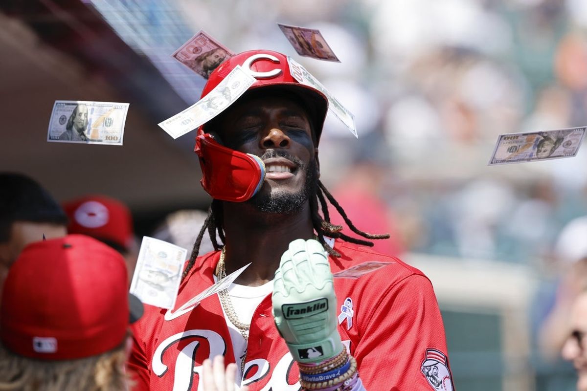 Jun 15, 2025; Detroit, Michigan, USA;  Cincinnati Reds designated hitter Elly De La Cruz (44) receives congratulations from teammates after he hits a two run home run in the ninth inning against the Detroit Tigers at Comerica Park. Mandatory Credit: Rick Osentoski-Imagn Images