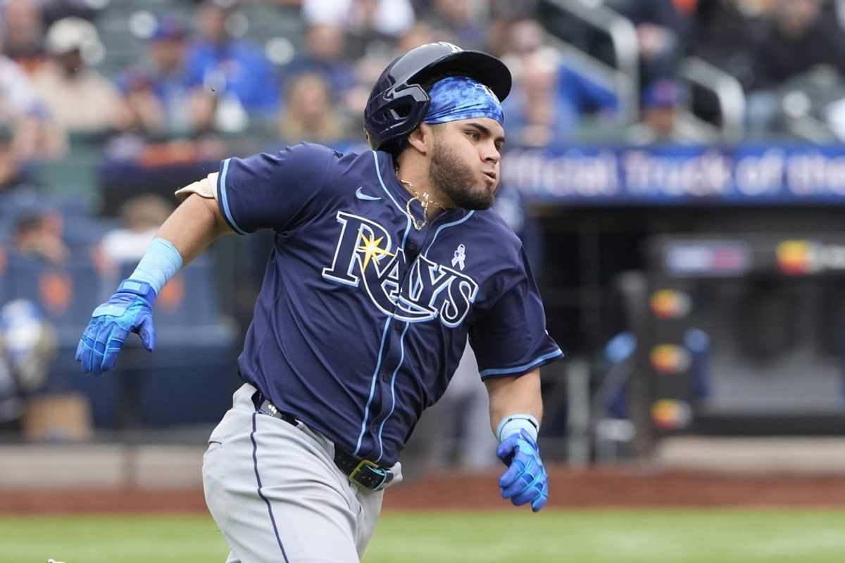 Jun 15, 2025; New York City, New York, USA;  Tampa Bay Rays first baseman Jonathan Aranda (52) runs out an RBI double against the New York Mets during the fifth inning at Citi Field. Mandatory Credit: Gregory Fisher-Imagn Images