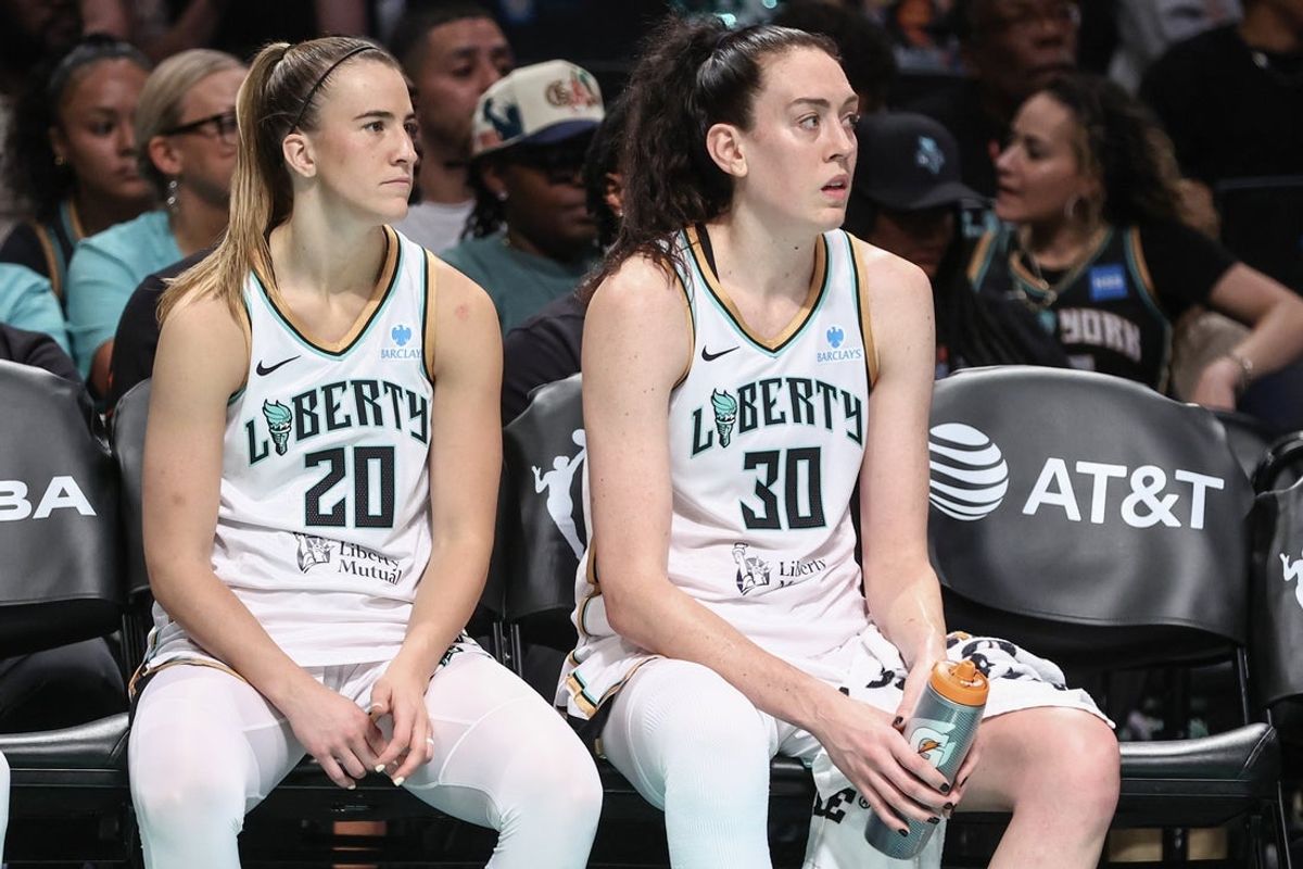 Jun 10, 2025; Brooklyn, New York, USA; New York Liberty guard Sabrina Ionescu (20) and forward Breanna Stewart (30) at Barclays Center. Mandatory Credit: Wendell Cruz-Imagn Images