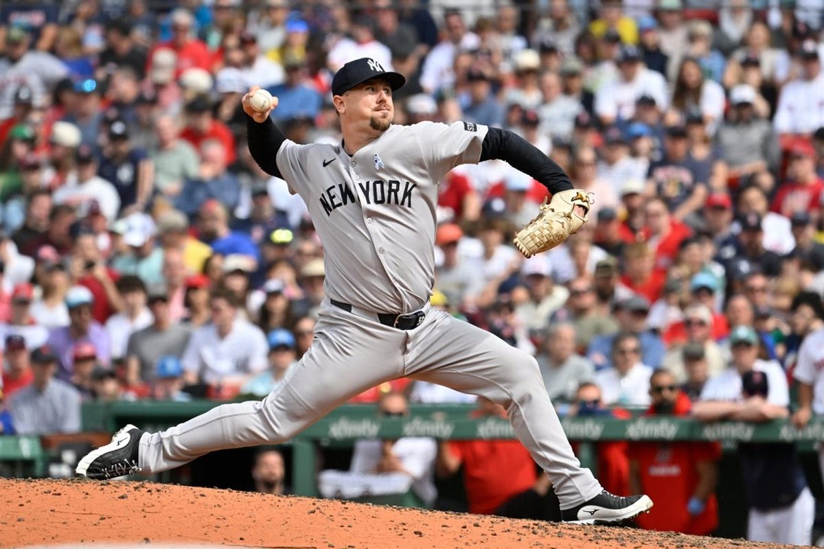 Jun 15, 2025; Boston, Massachusetts, USA; New York Yankees relief pitcher Mark Leiter Jr. (56) pitches against the Boston Red Sox during the eighth inning at Fenway Park. Mandatory Credit: Eric Canha-Imagn Images