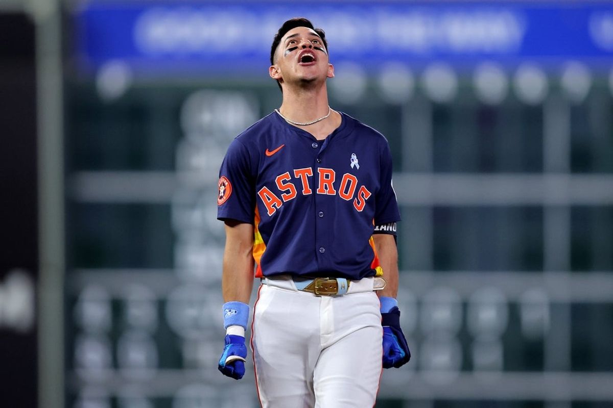 Jun 15, 2025; Houston, Texas, USA; Houston Astros second baseman Mauricio Dubon (14) reacts after hitting a walkoff single against the Minnesota Twins during the tenth inning at Daikin Park. Mandatory Credit: Erik Williams-Imagn Images