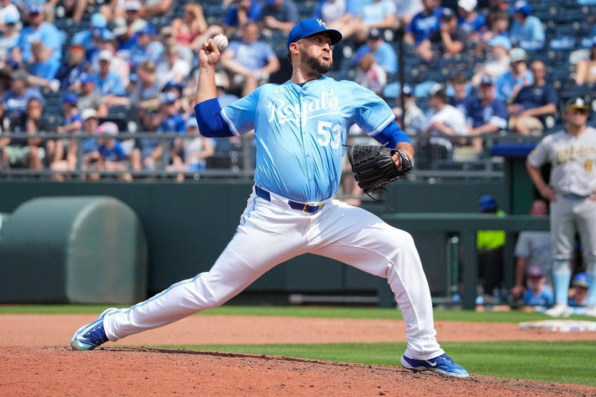 Jun 15, 2025; Kansas City, Missouri, USA; Kansas City Royals pitcher Michael Wacha (52) delivers a pitch against the Athletics during the ninth inning of the game at Kauffman Stadium. Mandatory Credit: Denny Medley-Imagn Images