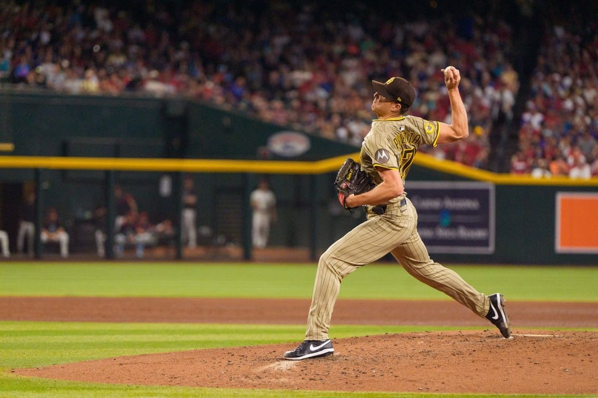 Jun 15, 2025; Phoenix, Arizona, USA; San Diego Padres pitcher Nick Pivetta (27) on the mound in the fifth inning against the Arizona Diamondbacks at Chase Field. Mandatory Credit: Allan Henry-Imagn Images
