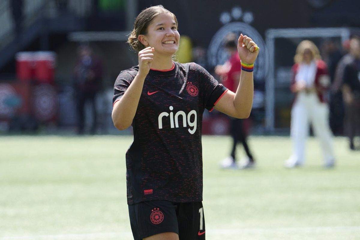 Jun 15, 2025; Portland, Oregon, USA; Portland Thorns FC forward Pietra Tordin (19) celebrates after a game against the Washington Spirit at Providence Park. Mandatory Credit: Troy Wayrynen-Imagn Images