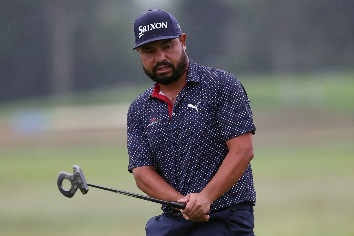 Jun 15, 2025; Oakmont, Pennsylvania, USA; JJ Spaun reacts after putting on the 13th green during the final round of the U.S. Open golf tournament. Mandatory Credit: Bill Streicher-Imagn Images