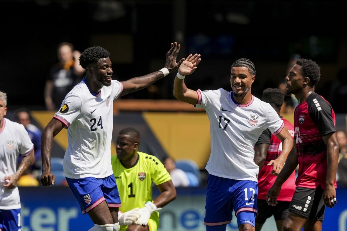 Jun 15, 2025; San Jose, California, USA; United States of America forward Malik Tillman (17) celebrates scoring the first goal of the game during the first half during a group stage match of the 2025 Gold Cup at PayPal Park. Mandatory Credit: Darren Yamashita-Imagn Images