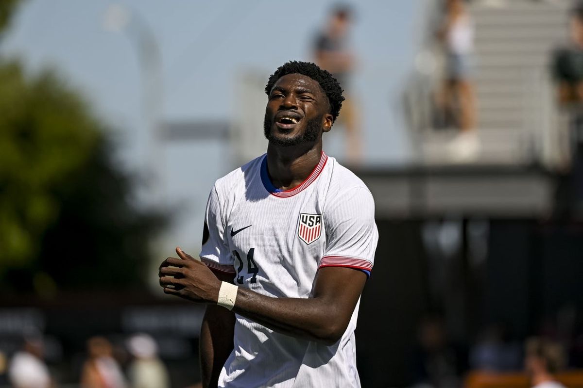 Jun 15, 2025; San Jose, California, USA; United States of America forward Patrick Agyemang (24) reacts after a save was madeon his shot at the goal during the second half during a group stage match of the 2025 Gold Cup at PayPal Park. Mandatory Credit: Robert Edwards-Imagn Images