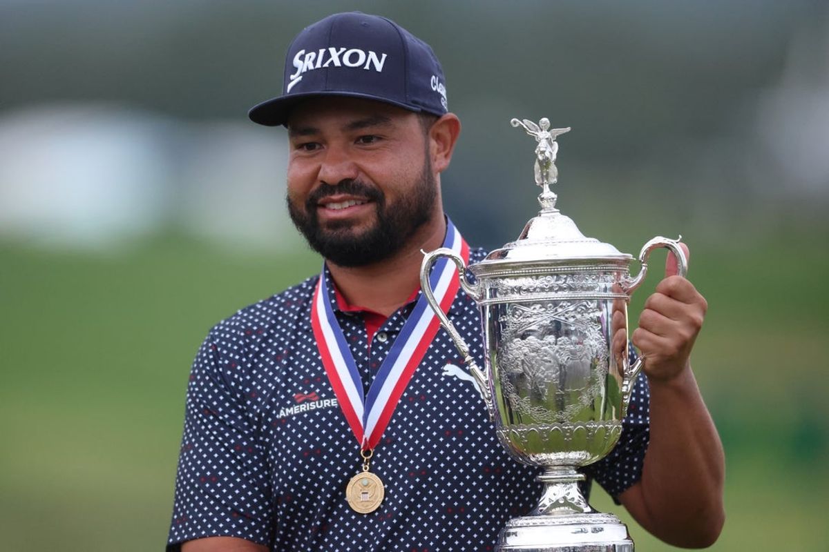 Jun 15, 2025; Oakmont, Pennsylvania, USA; JJ Spaun celebrates with the championship trophy after winning the 125th U.S. Open golf tournament. Mandatory Credit: Charles LeClaire-Imagn Images