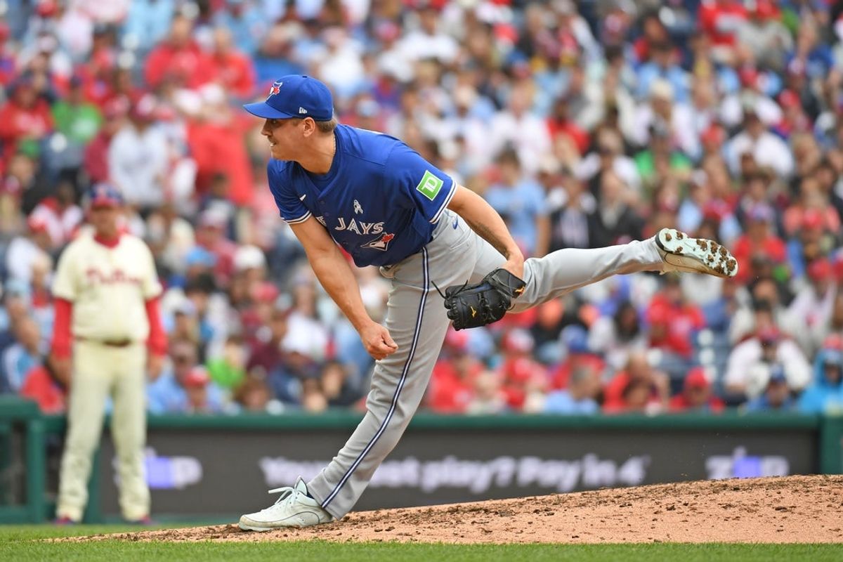 Jun 15, 2025; Philadelphia, Pennsylvania, USA; Toronto Blue Jays pitcher Erik Swanson (50) throws a pitch during the sixth inning against the Philadelphia Phillies at Citizens Bank Park. Mandatory Credit: Eric Hartline-Imagn Images