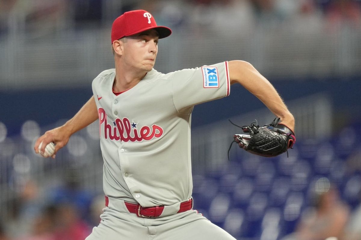 Jun 16, 2025; Miami, Florida, USA;  Philadelphia Phillies pitcher Mick Abel (40) pitches against the Miami Marlins in the first inning at loanDepot Park. Mandatory Credit: Jim Rassol-Imagn Images