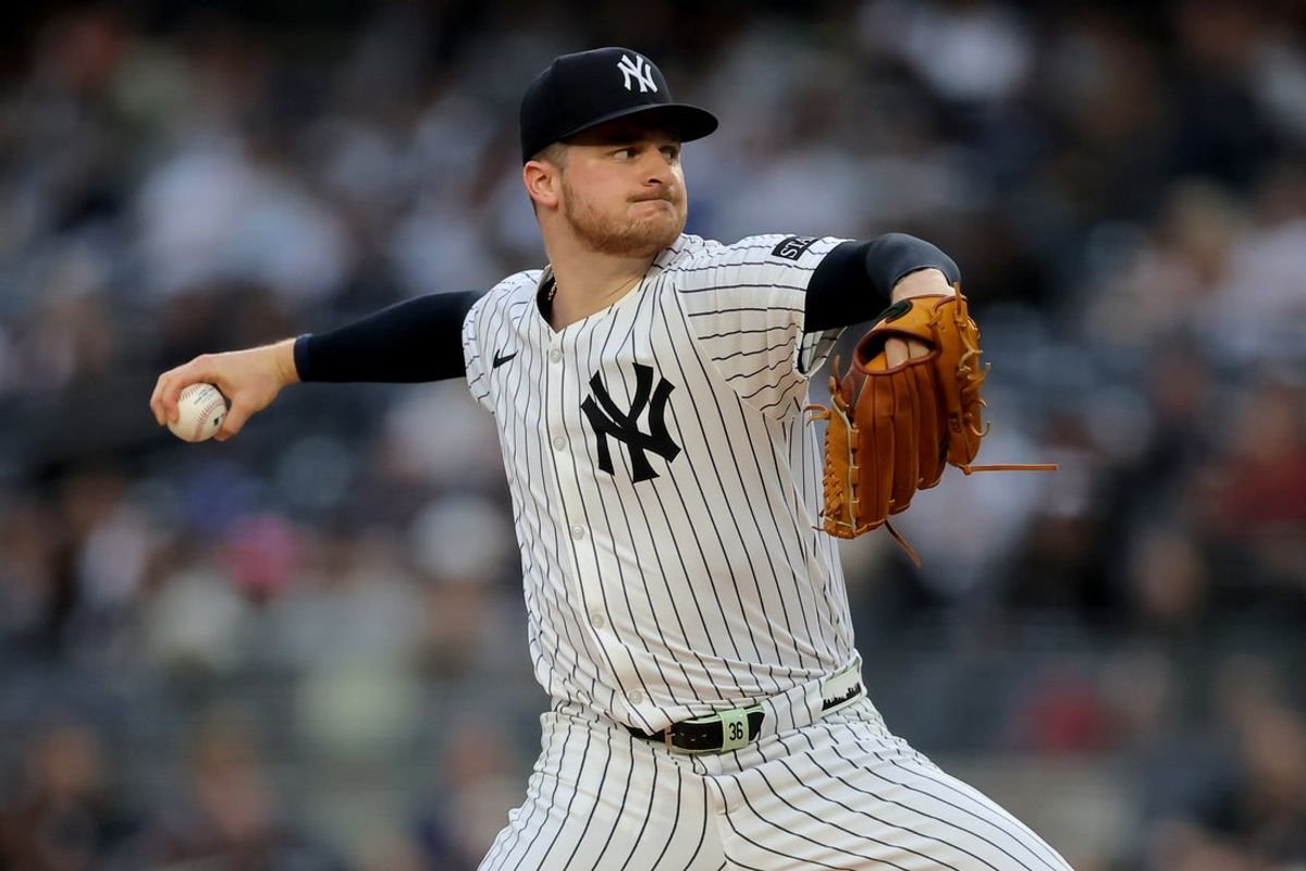 Jun 16, 2025; Bronx, New York, USA; New York Yankees starting pitcher Clarke Schmidt (36) pitches against the Los Angeles Angels during the first inning at Yankee Stadium. Mandatory Credit: Brad Penner-Imagn Images