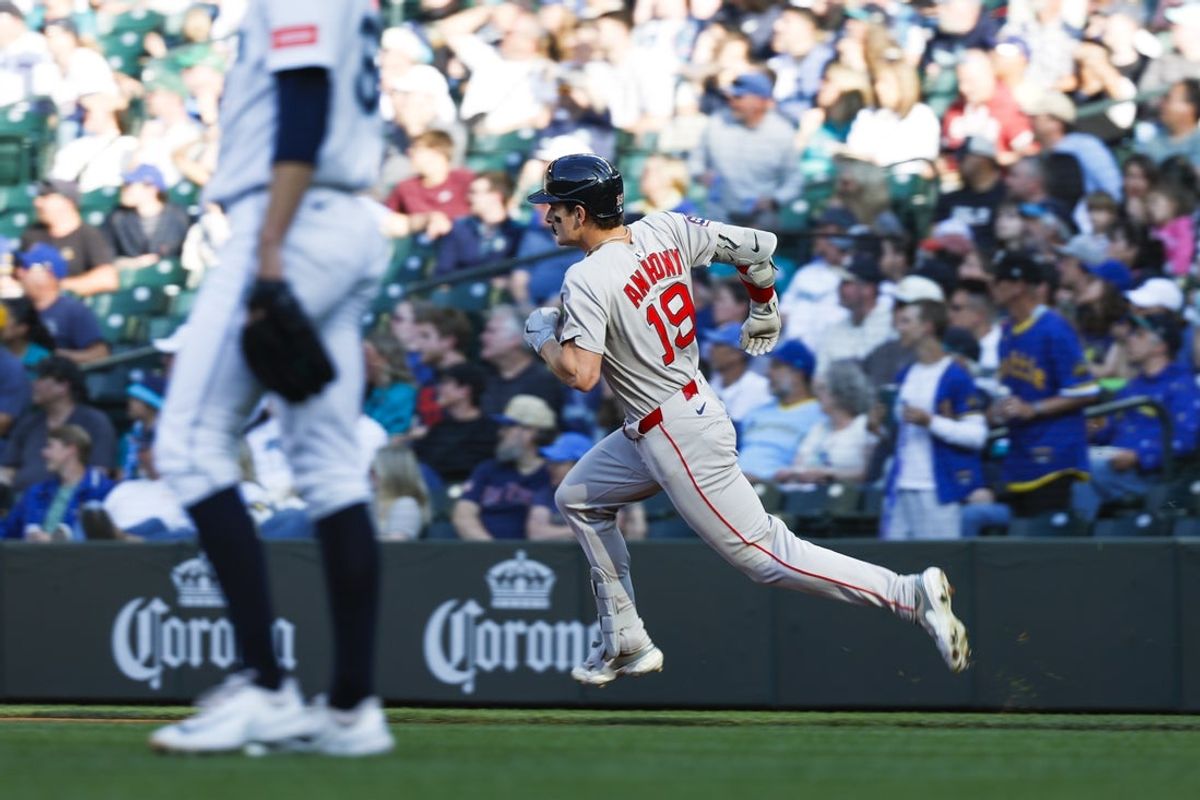 Jun 16, 2025; Seattle, Washington, USA; Boston Red Sox right fielder Roman Anthony (19) runs the bases after hitting a solo-home run against the Seattle Mariners during the first inning at T-Mobile Park. Mandatory Credit: Joe Nicholson-Imagn Images