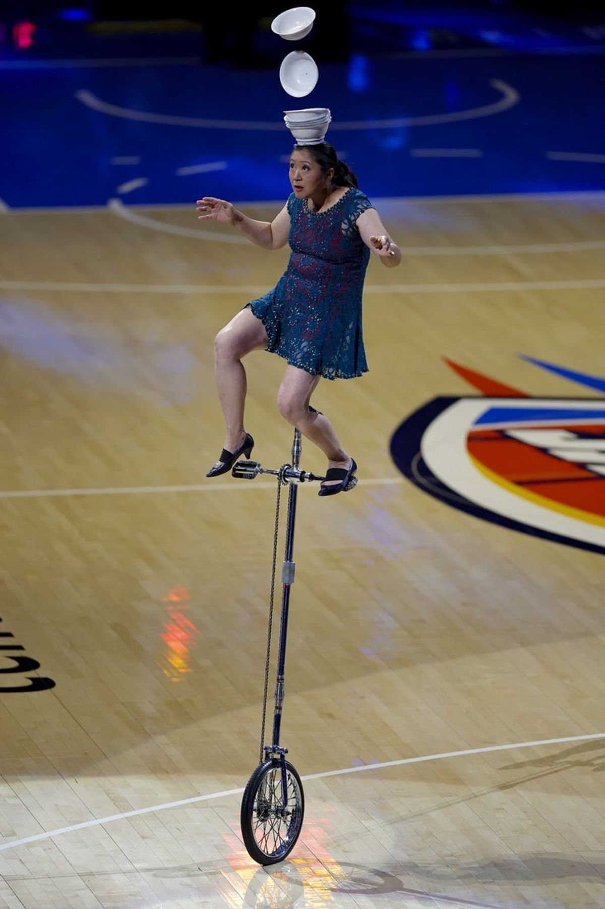 Jun 16, 2025; Oklahoma City, Oklahoma, USA; Performer Red Panda performs during the halftime in Game 5 against the Indiana Pacers of the 2025 NBA Finals at Paycom Center. Mandatory Credit: Alonzo Adams-Imagn Images