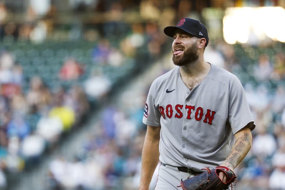 Jun 16, 2025; Seattle, Washington, USA; Boston Red Sox starting pitcher Lucas Giolito (54) reacts following the final out of the fifth inning against the Seattle Mariners at T-Mobile Park. Mandatory Credit: Joe Nicholson-Imagn Images