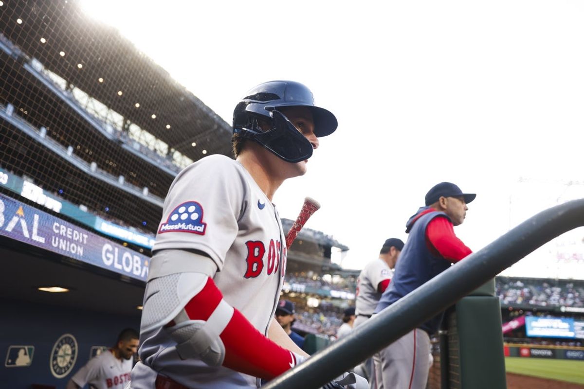 Jun 16, 2025; Seattle, Washington, USA; Boston Red Sox right fielder Roman Anthony (19) prepares in the dugout for an at bat against the Seattle Mariners before the sixth inning at T-Mobile Park. Mandatory Credit: Joe Nicholson-Imagn Images