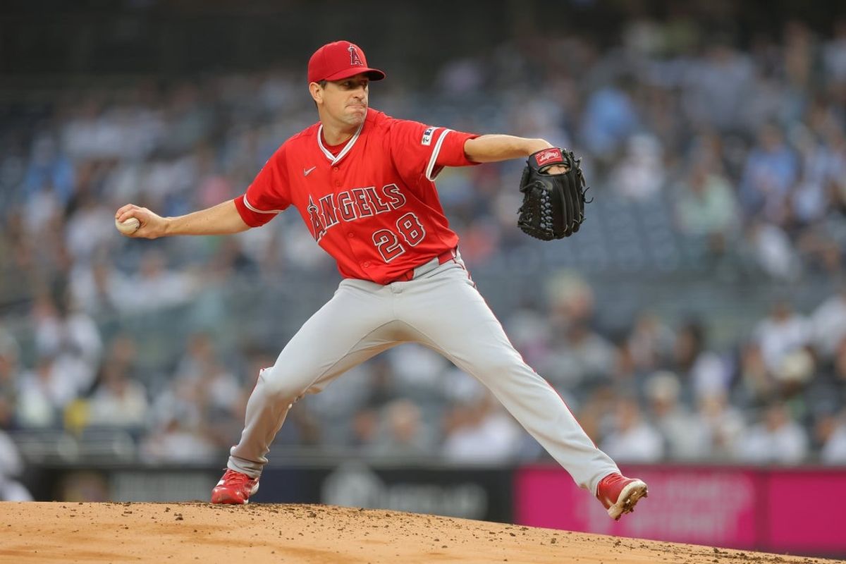 Jun 17, 2025; Bronx, New York, USA; Los Angeles Angels starting pitcher Kyle Hendricks (28) pitches against the New York Yankees at Yankee Stadium. Mandatory Credit: Brad Penner-Imagn Images