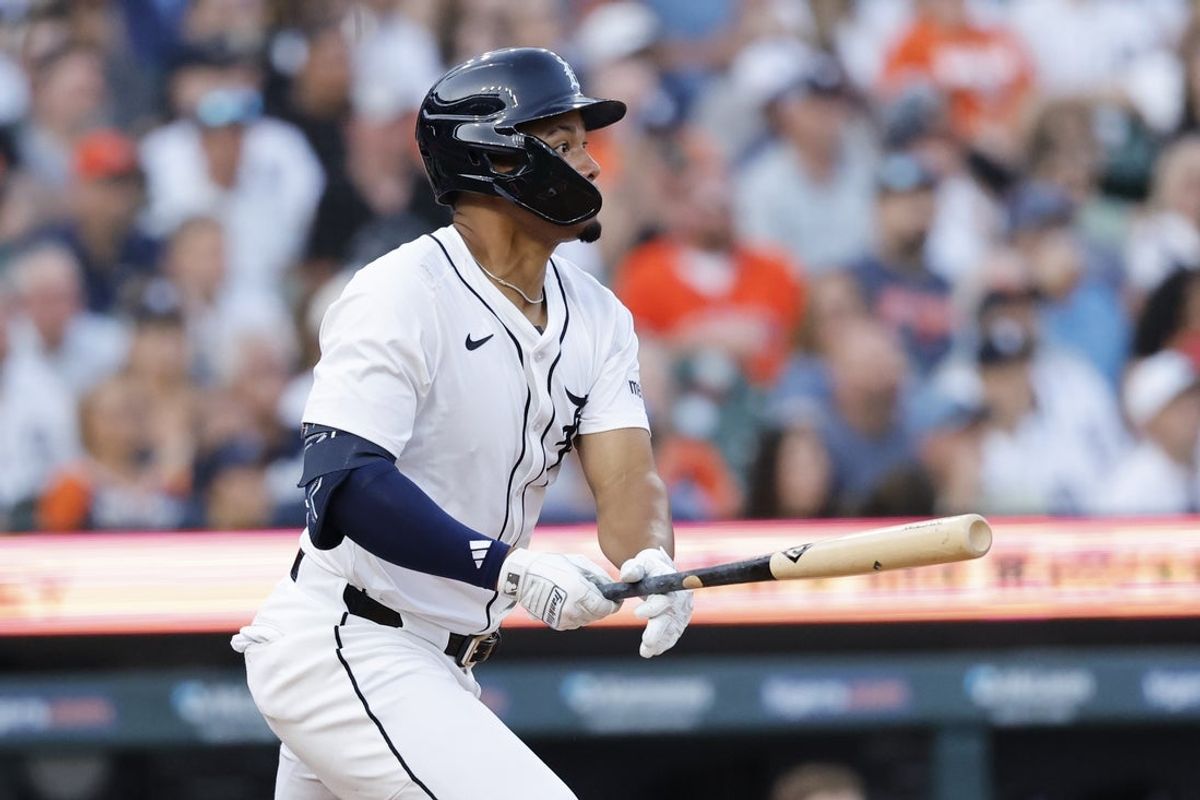 Jun 17, 2025; Detroit, Michigan, USA;  Detroit Tigers outfielder Wenceel Pérez (46) hits an RBI triple in the sixth inning against the Pittsburgh Pirates in the sixth inning against the Detroit Tigers at Comerica Park. Mandatory Credit: Rick Osentoski-Imagn Images