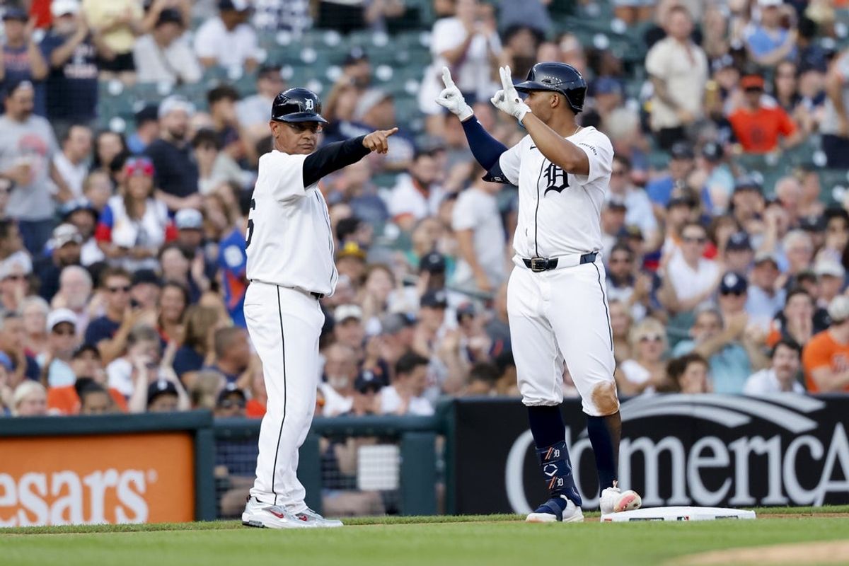 Jun 17, 2025; Detroit, Michigan, USA;  Detroit Tigers outfielder Wenceel Pérez (46) celebrates after he hits an RBI triple in the sixth inning against the Pittsburgh Pirates in the sixth inning against the Detroit Tigers at Comerica Park. Mandatory Credit: Rick Osentoski-Imagn Images