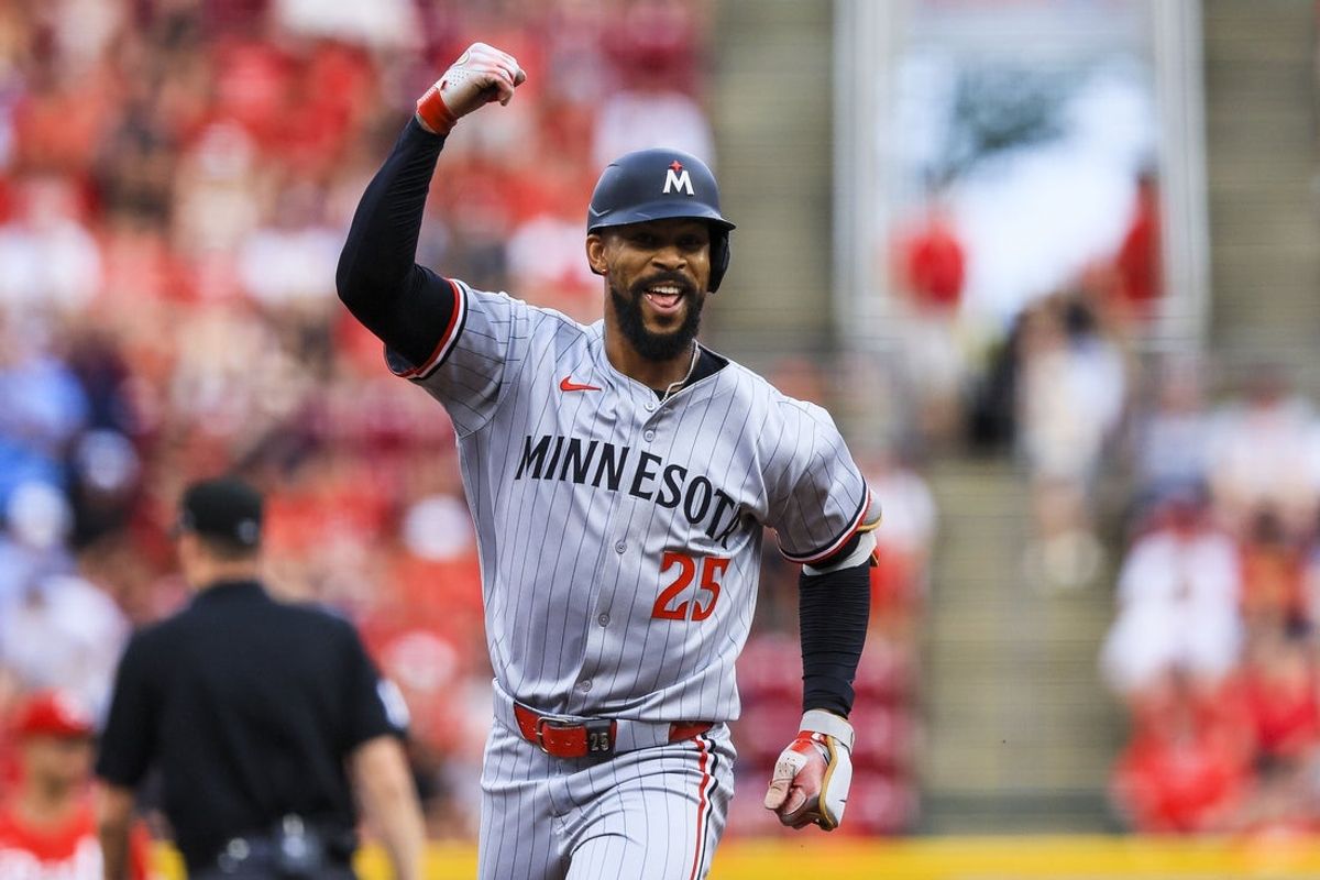 Jun 17, 2025; Cincinnati, Ohio, USA; Minnesota Twins outfielder Byron Buxton (25) reacts after hitting a solo home run in the third inning against the Cincinnati Reds at Great American Ball Park. Mandatory Credit: Katie Stratman-Imagn Images