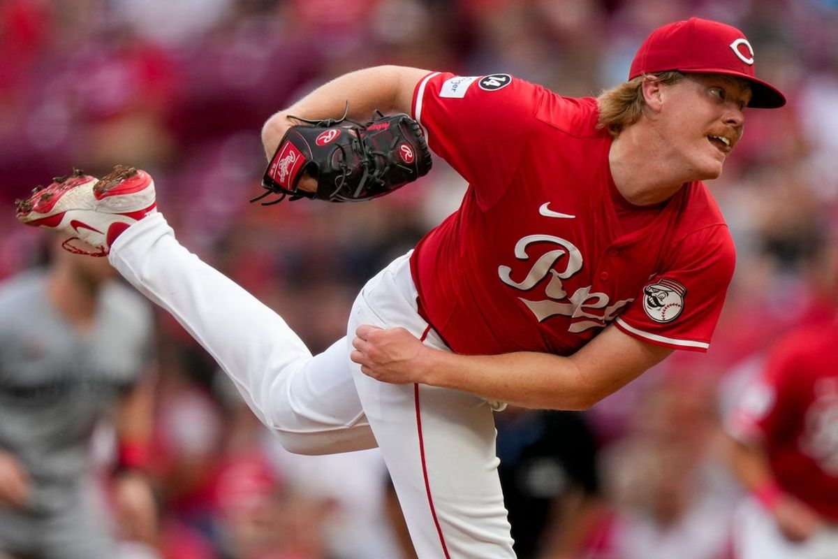 Cincinnati Reds pitcher Andrew Abbott (41) throws a pitch in the first inning of the MLB interleague game between the Cincinnati Reds and the Minnesota Twins at Great American Ball Park in downtown Cincinnati on Tuesday, June 17, 2025.