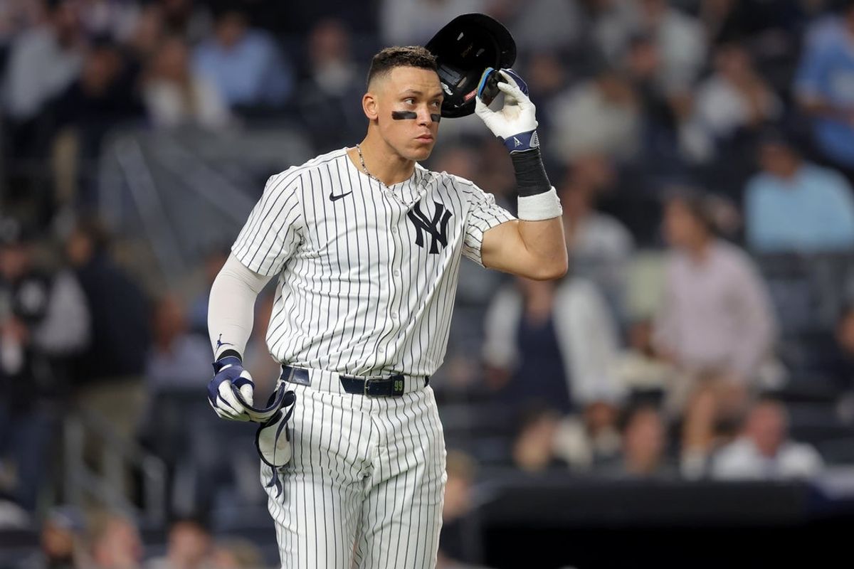 Jun 17, 2025; Bronx, New York, USA; New York Yankees right fielder Aaron Judge (99) reacts after striking out to end the eighth inning against the Los Angeles Angels at Yankee Stadium. Mandatory Credit: Brad Penner-Imagn Images