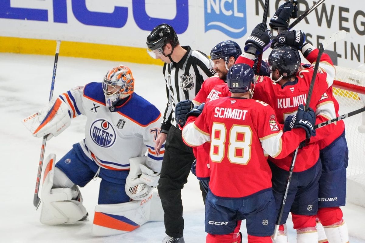 Jun 17, 2025; Sunrise, Florida, USA; Florida Panthers center Sam Reinhart (13) celebrates after his goal as Edmonton Oilers goaltender Stuart Skinner (74) watches during the second period in game six of the 2025 Stanley Cup Final at Amerant Bank Arena. Mandatory Credit: Jim Rassol-Imagn Images