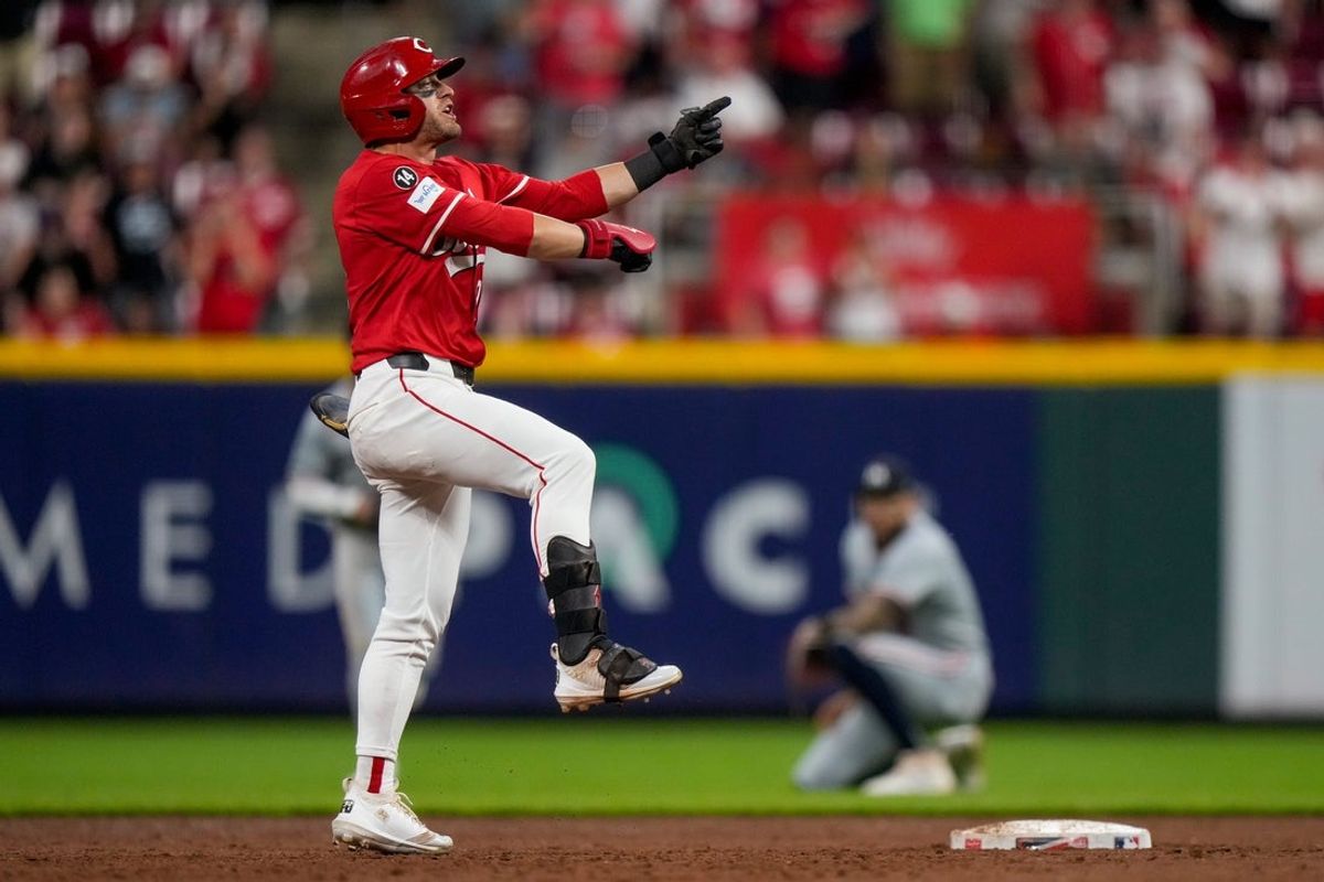 Cincinnati Reds centerfielder TJ Friedl (29) celebrates a two-RBI double in the sixth inning of the MLB interleague game between the Cincinnati Reds and the Minnesota Twins at Great American Ball Park in downtown Cincinnati on Tuesday, June 17, 2025. The Reds won 6-5.