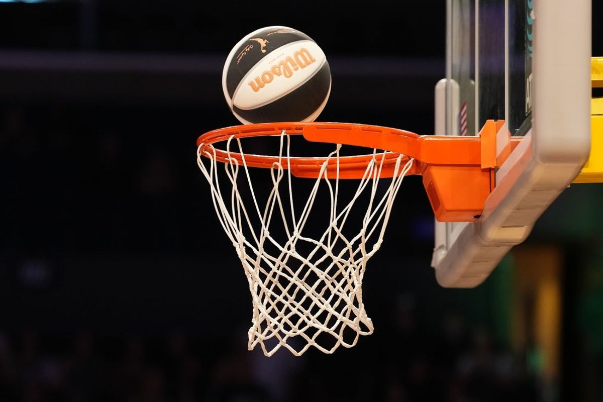 Jun 17, 2025; Los Angeles, California, USA; A Wilson official WNBA Evo NXT basketball with the Commissioner's Cup logo during the game between the Seattle Storm and the LA Sparks at Crypto.com Arena. Mandatory Credit: Kirby Lee-Imagn Images