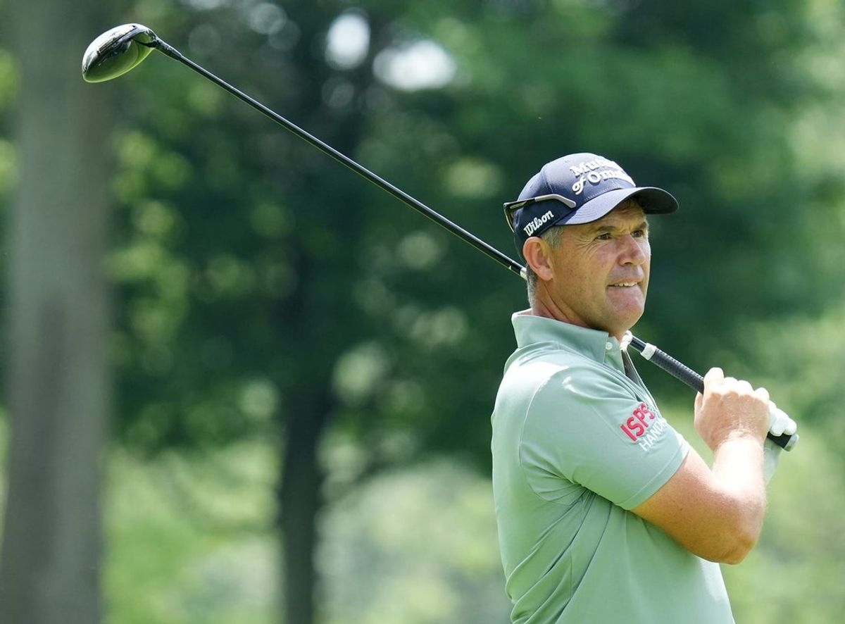 Padraig Harrington watches his tee shot on the ninth hole during Kaulig Companies Championship: Pro-Am at Firestone Country Club on Wednesday, June 18, 2025 in Akron