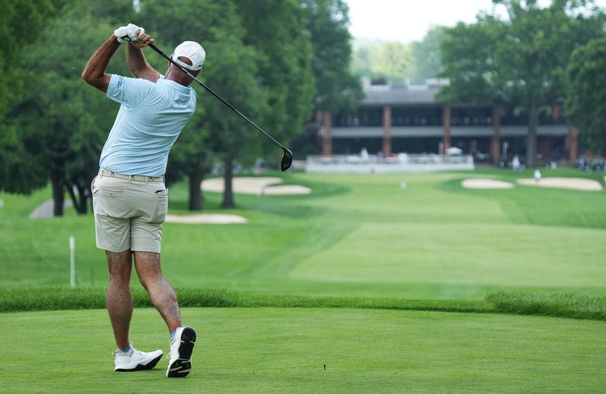 Stewart Cink tees off on the ninth hole during the Kaulig Companies Championship: Pro-Am at Firestone Country Club on Wednesday, June 18, 2025 in Akron