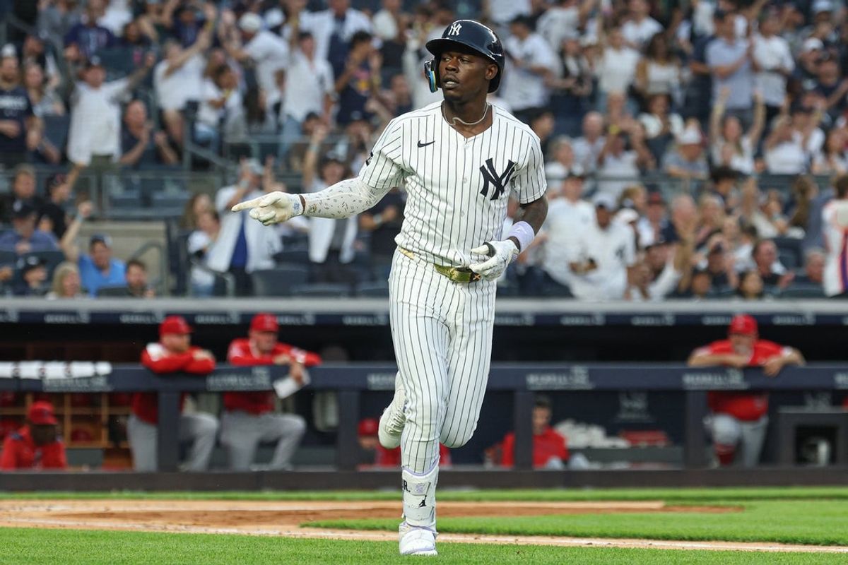 Jun 18, 2025; Bronx, New York, USA; New York Yankees third baseman Jazz Chisholm Jr. (13) reacts after hitting a  solo home run during the second inning against the Los Angeles Angels at Yankee Stadium. Mandatory Credit: Vincent Carchietta-Imagn Images