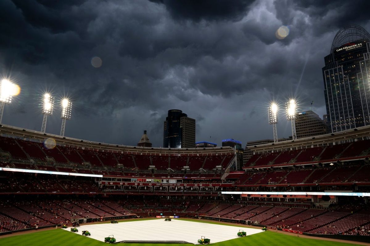 A storm delays the MLB game between Cincinnati Reds and Minnesota Twins at Great American Ball Park in Cincinnati on Wednesday, June 18, 2025.
