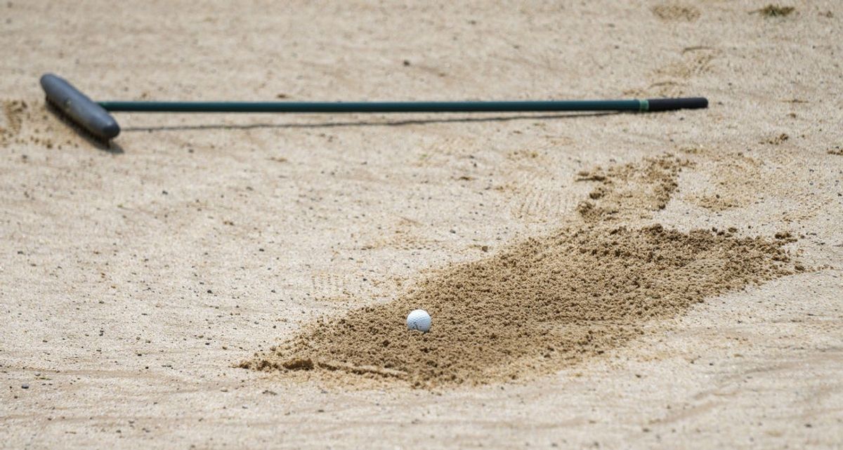 A ball sits in a sand trap Wednesday, June 18, 2025, during the IHSAA boys golf state final at Prairie View Golf Course in Carmel.