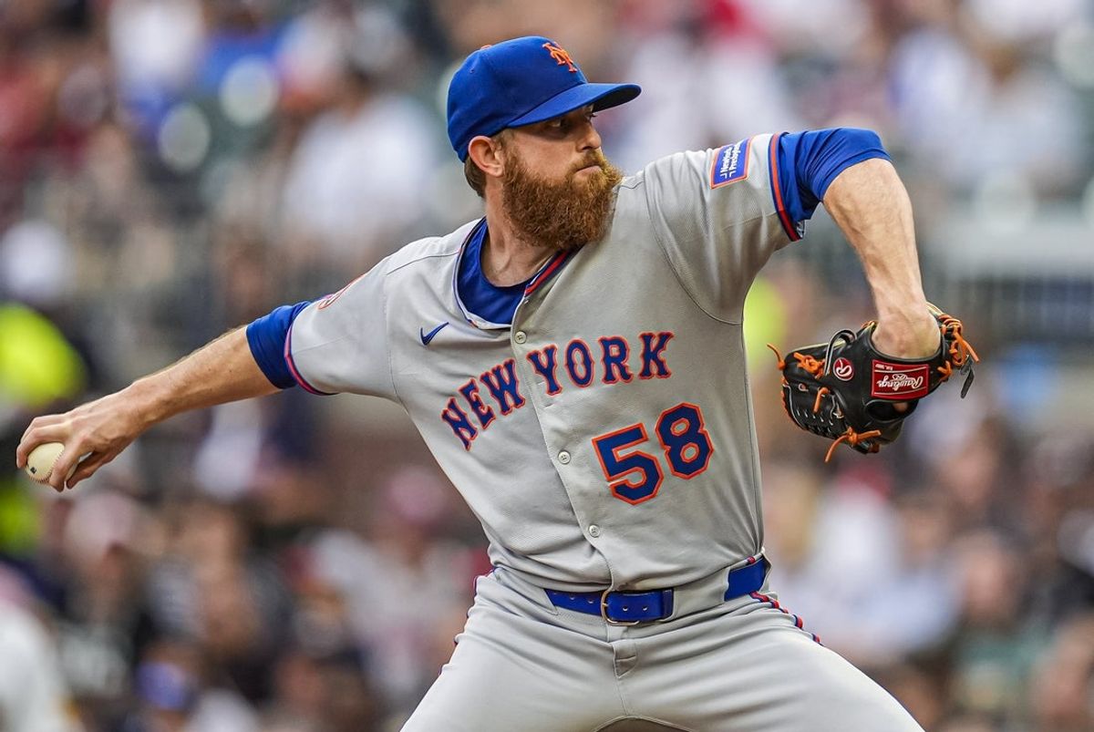 Jun 18, 2025; Cumberland, Georgia, USA; New York Mets starting pitcher Paul Blackburn (58) pitches against the Atlanta Braves during the first inning at Truist Park. Mandatory Credit: Dale Zanine-Imagn Images