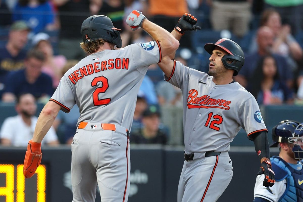 Jun 18, 2025; Tampa, Florida, USA; Baltimore Orioles right fielder Ramon Laureano (12) celebrates with shortstop Gunnar Henderson (2) after hitting a three run home run against the Tampa Bay Rays in the second inning at George M. Steinbrenner Field. Mandatory Credit: Nathan Ray Seebeck-Imagn Images