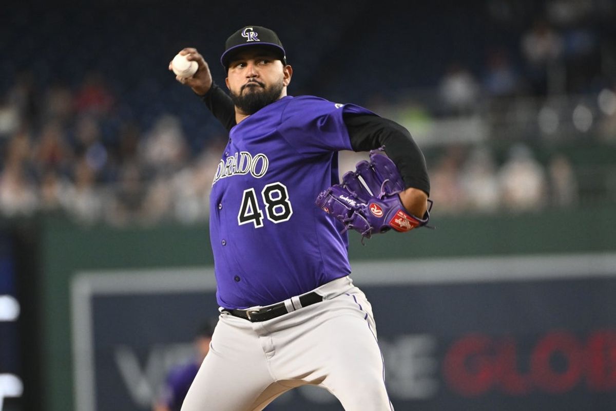Jun 18, 2025; Washington, District of Columbia, USA; Colorado Rockies starting pitcher German Marquez (48) throws to the Washington Nationals during the first inning at Nationals Park. Mandatory Credit: Brad Mills-Imagn Images