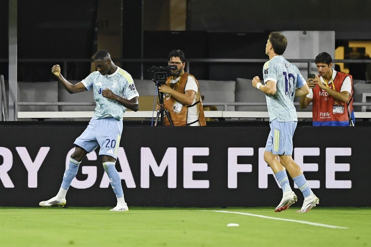 Jun 18, 2025; Washington, District of Columbia, USA; Juventus FC forward Randal Kolo Muani (20) celebrates after scoring a goal during the second half against Al Ain FC during a group stage match of the 2025 FIFA Club World Cup at Audi Field. Mandatory Credit: Hannah Foslien-Imagn Images