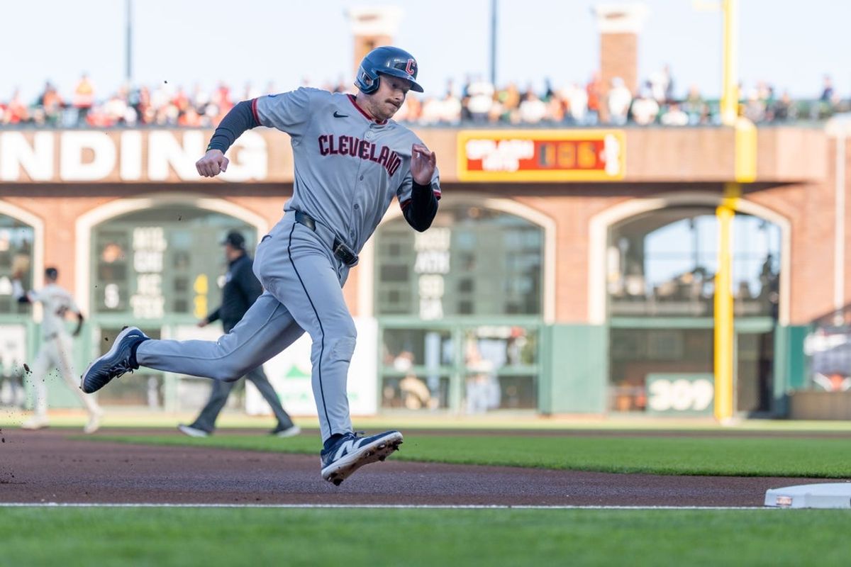 Jun 18, 2025; San Francisco, California, USA; Cleveland Guardians first base Kyle Manzardo (9) rounds third base during the first inning against the San Francisco Giants at Oracle Park. Mandatory Credit: Bob Kupbens-Imagn Images