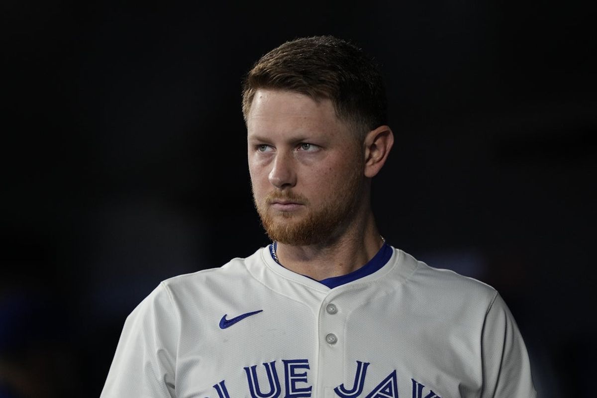 Jun 18, 2025; Toronto, Ontario, CAN; Toronto Blue Jays starting pitcher Eric Lauer (56) during the fifth inning in the dug out against the Arizona Diamondbacks at Rogers Centre. Mandatory Credit: John E. Sokolowski-Imagn Images
