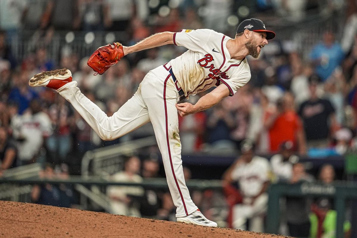 Jun 18, 2025; Cumberland, Georgia, USA; Atlanta Braves starting pitcher Chris Sale (51) pitches against the New York Mets during the ninth inning at Truist Park. Mandatory Credit: Dale Zanine-Imagn Images
